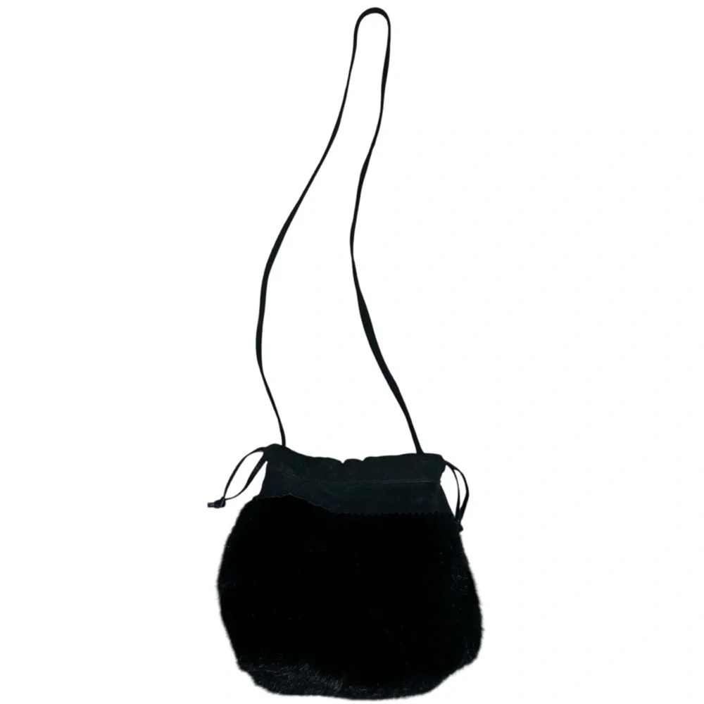VTG 00s‎ Y2K Dennis Basso Faux Fur Shoulder Crossbody Bucket Bag Leather Black